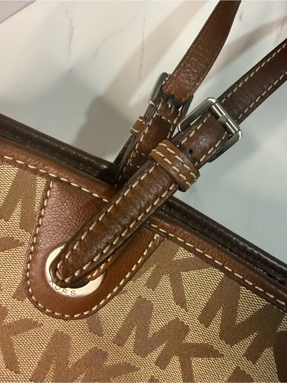 Michael Kors Tan Beige MK Signature Tote with Brown Trim
